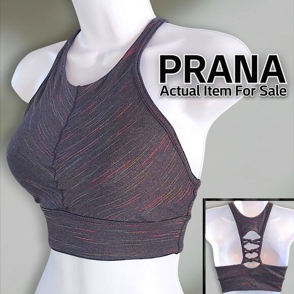 PRANA Itzel High Neck Open Back Grey Pink Blue Yellow Sports Bra Womens XS EUC - Picture 1 of 10